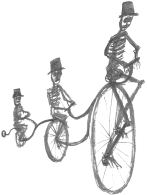 Three skellies on an ancient wobbly tandem
